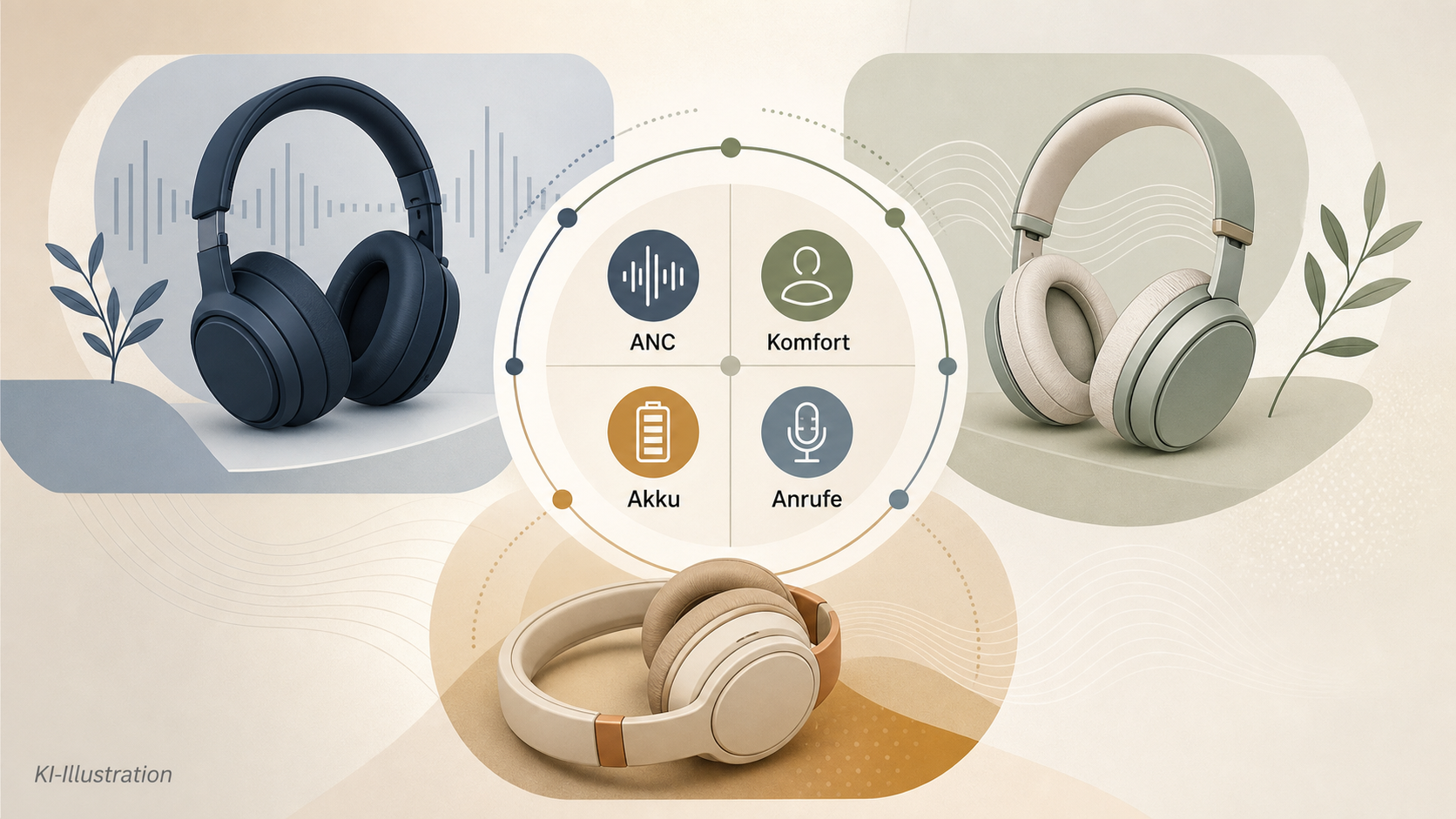 Redaktionelle Illustration zu Die besten Noise-Cancelling-Kopfhörer 2026: Sony, Bose, Sennheiser und Apple im Vergleich