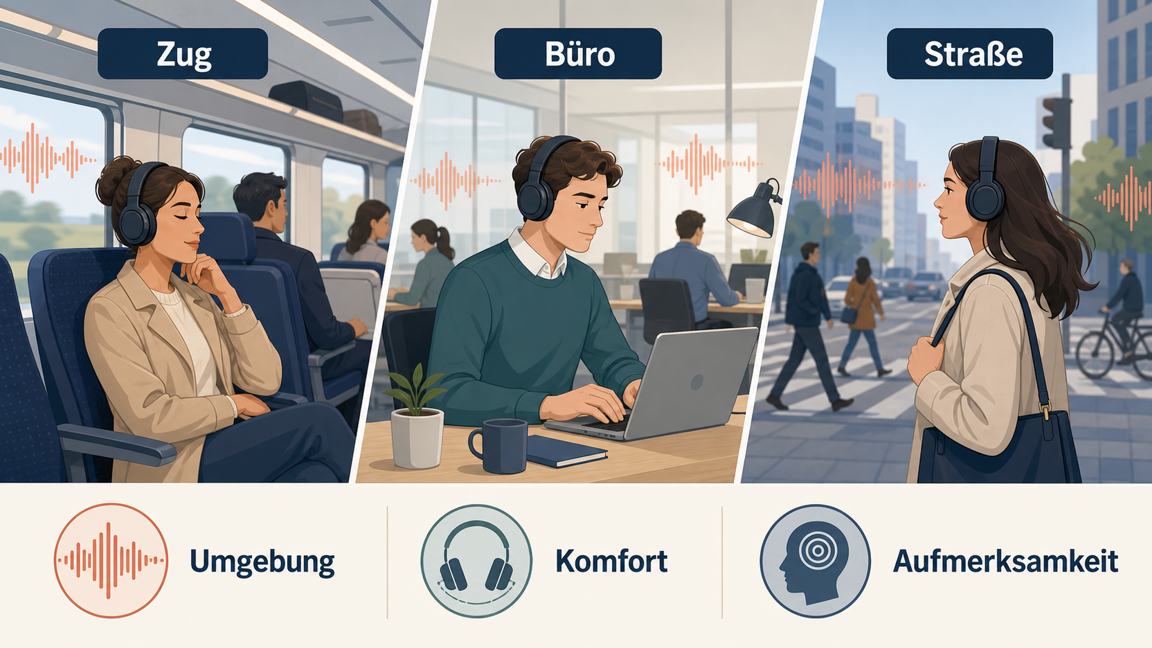 Redaktionelle Illustration zu ANC-Kopfhörer richtig beurteilen: Passform, Brille, Geräuscharten und Verbindung